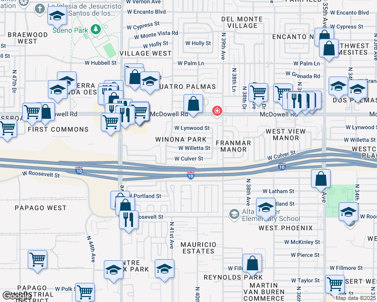 map of restaurants, bars, coffee shops, grocery stores, and more near 4003 West Willetta Street in Phoenix