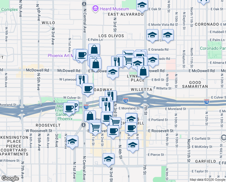 map of restaurants, bars, coffee shops, grocery stores, and more near 300 East Willetta Street in Phoenix