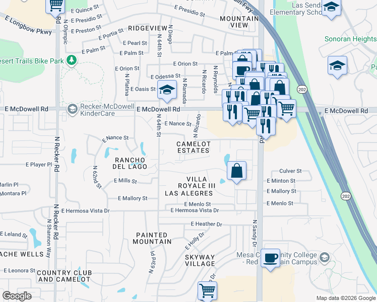 map of restaurants, bars, coffee shops, grocery stores, and more near 2627 North Ramada in Mesa
