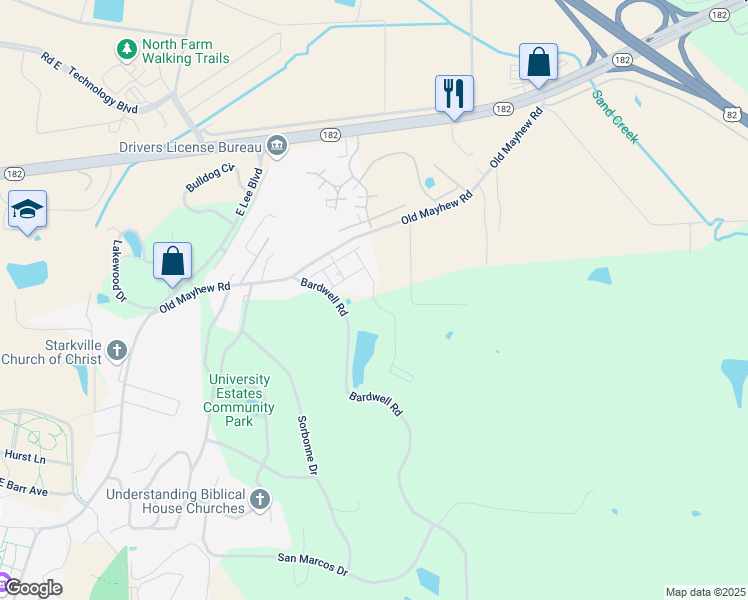map of restaurants, bars, coffee shops, grocery stores, and more near Gregory Avenue in Starkville