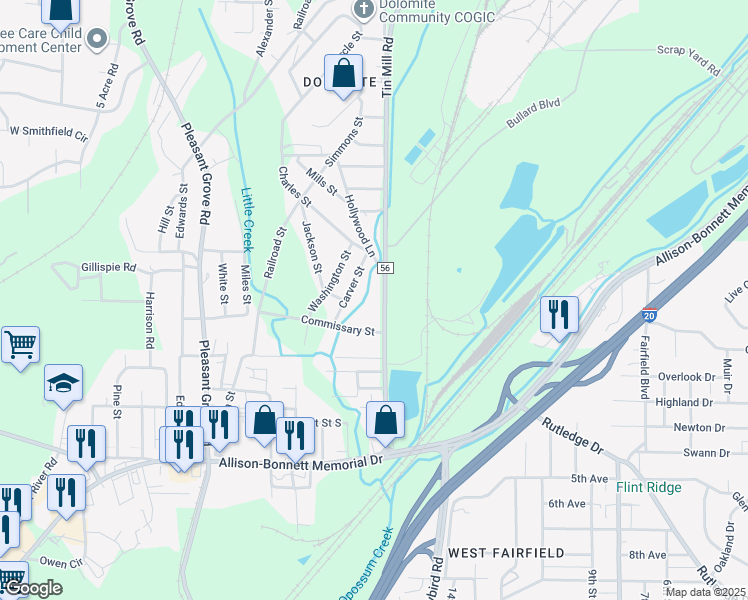 map of restaurants, bars, coffee shops, grocery stores, and more near 1553 Tin Mill Rd in Birmingham