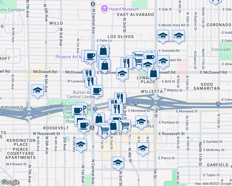 map of restaurants, bars, coffee shops, grocery stores, and more near 1313n North 2nd Street in Phoenix