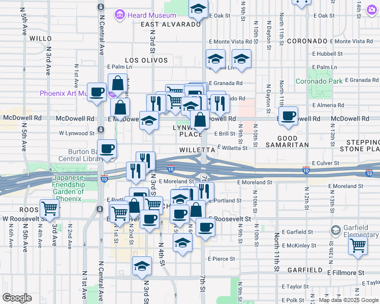 map of restaurants, bars, coffee shops, grocery stores, and more near 521 East Willetta Street in Phoenix