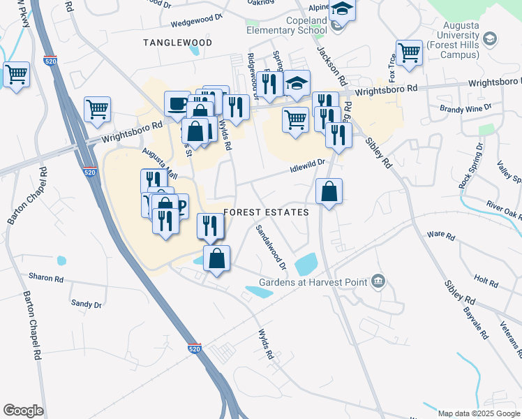 map of restaurants, bars, coffee shops, grocery stores, and more near in Augusta