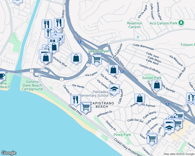map of restaurants, bars, coffee shops, grocery stores, and more near 26342 Via California in Dana Point