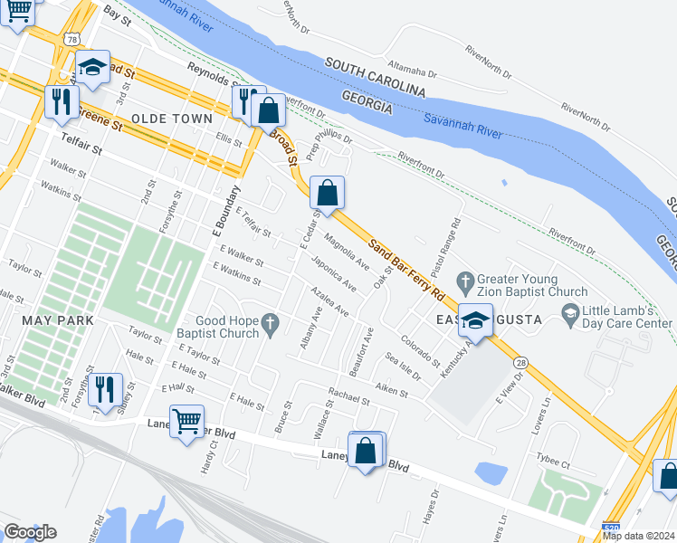 map of restaurants, bars, coffee shops, grocery stores, and more near 221 Japonica Avenue in Augusta