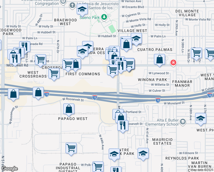 map of restaurants, bars, coffee shops, grocery stores, and more near 1360 North 43rd Avenue in Phoenix