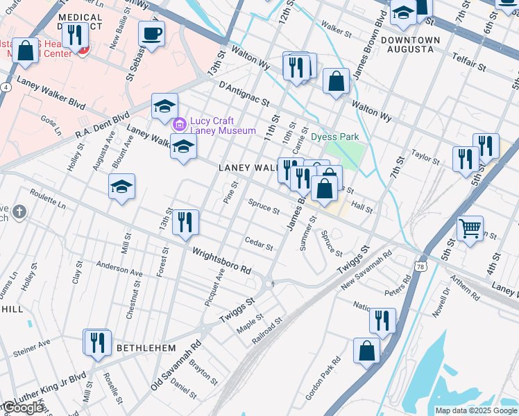 map of restaurants, bars, coffee shops, grocery stores, and more near 1222 10th Street in Augusta