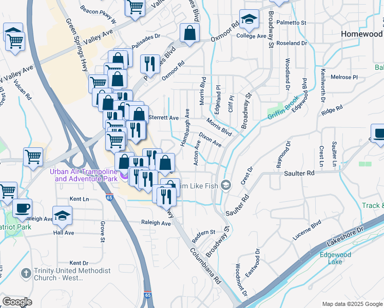 map of restaurants, bars, coffee shops, grocery stores, and more near 611 Hambaugh Terrace in Homewood