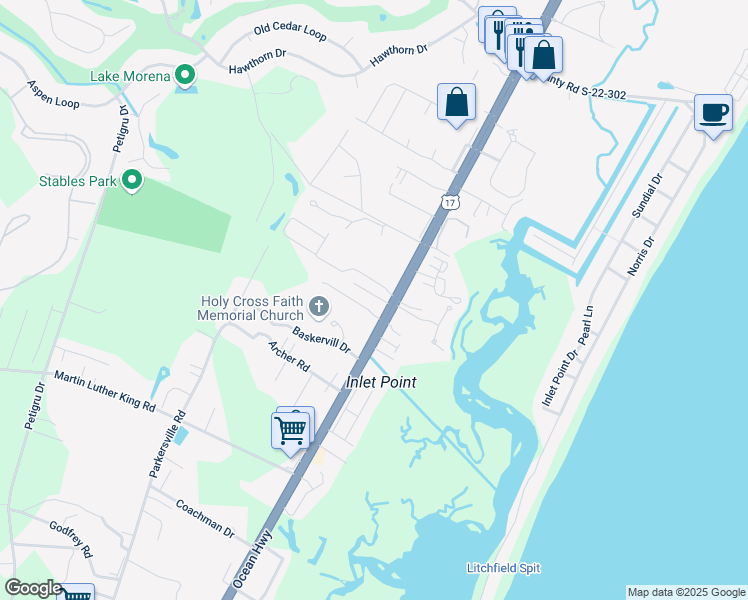 map of restaurants, bars, coffee shops, grocery stores, and more near 12435 Ocean Highway in Pawleys Island