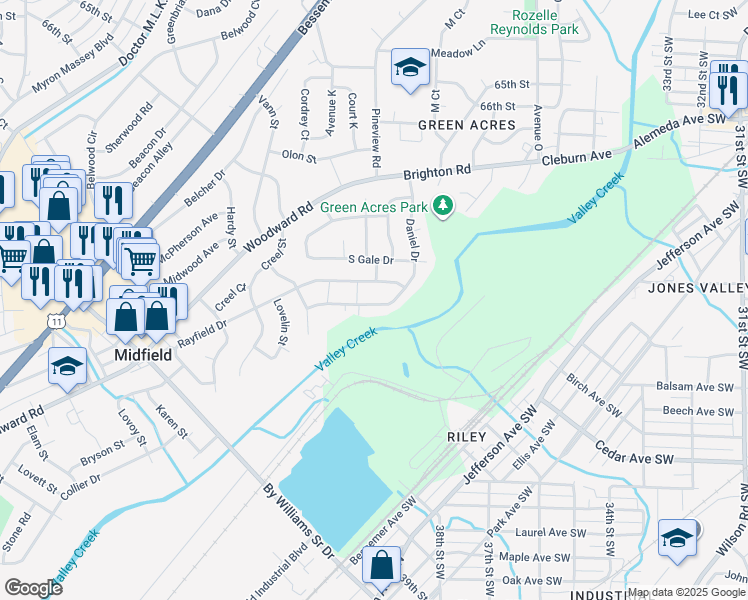 map of restaurants, bars, coffee shops, grocery stores, and more near 1132 Daniel Drive in Birmingham