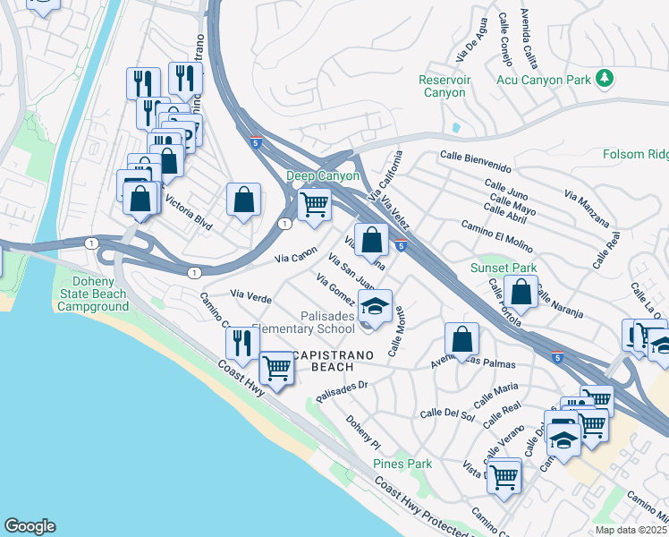 map of restaurants, bars, coffee shops, grocery stores, and more near 26372 Via California in Dana Point