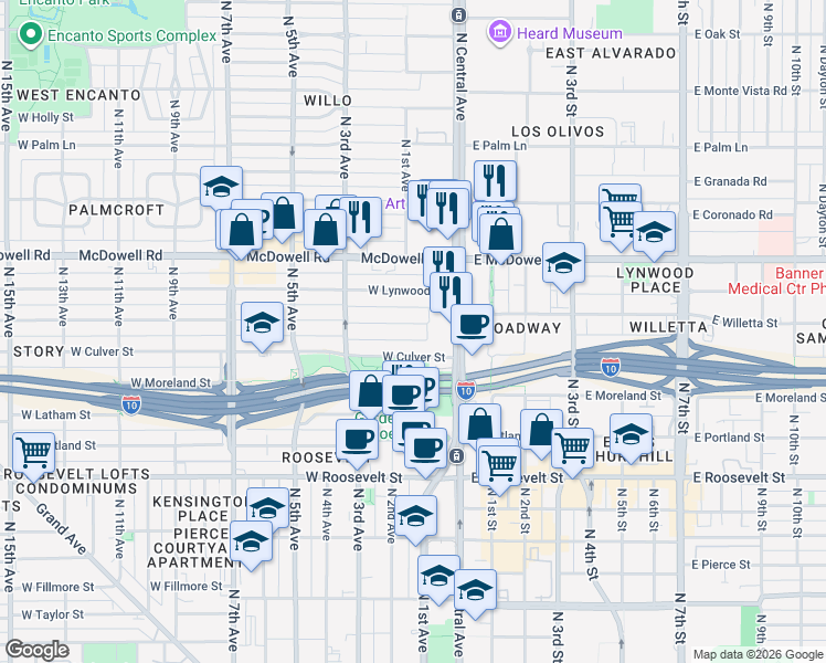 map of restaurants, bars, coffee shops, grocery stores, and more near 37 West Willetta Street in Phoenix
