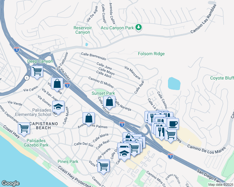 map of restaurants, bars, coffee shops, grocery stores, and more near 34361 Camino El Molino in Dana Point