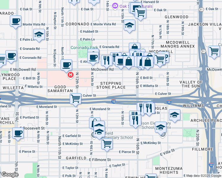 map of restaurants, bars, coffee shops, grocery stores, and more near 1305 North 14th Street in Phoenix