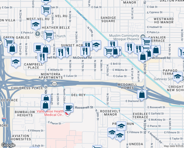 map of restaurants, bars, coffee shops, grocery stores, and more near 1322 North 28th Street in Phoenix