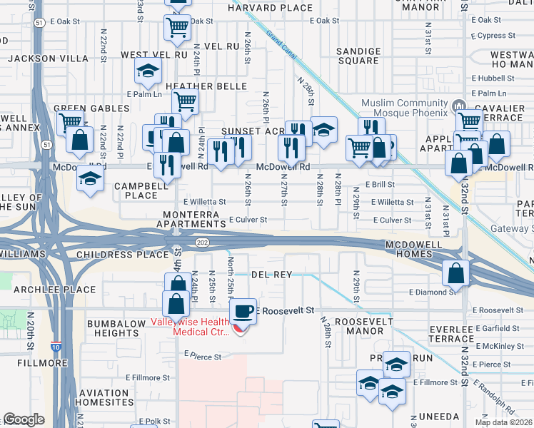 map of restaurants, bars, coffee shops, grocery stores, and more near 2634 East Culver Street in Phoenix