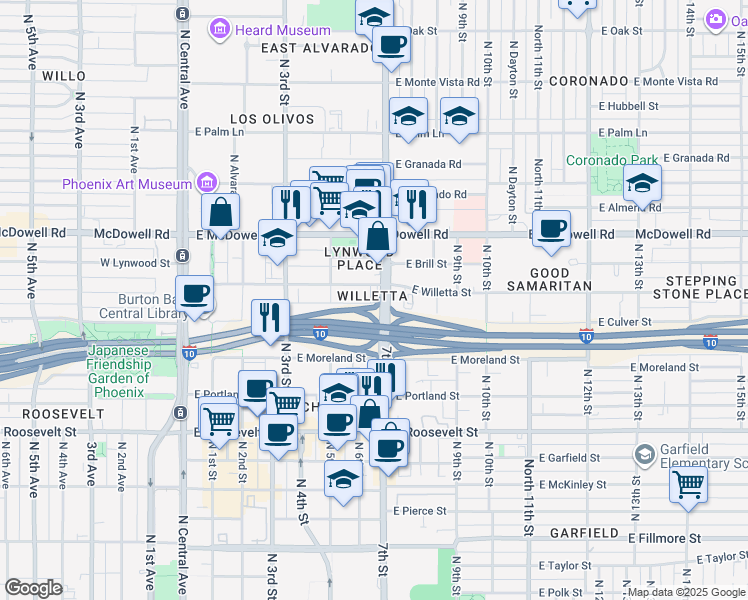 map of restaurants, bars, coffee shops, grocery stores, and more near 1331 North 7th Street in Phoenix