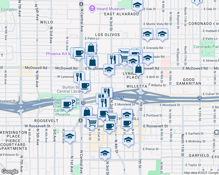 map of restaurants, bars, coffee shops, grocery stores, and more near 300 East Willetta Street in Phoenix