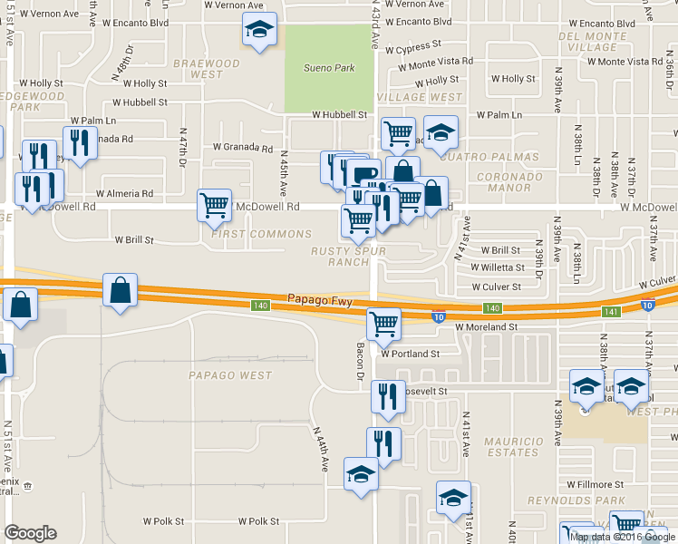 map of restaurants, bars, coffee shops, grocery stores, and more near 1360 North 43rd Avenue in Phoenix