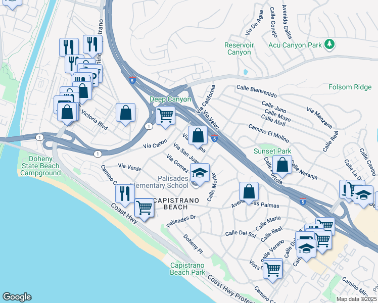 map of restaurants, bars, coffee shops, grocery stores, and more near 34341 Via Fortuna in Dana Point