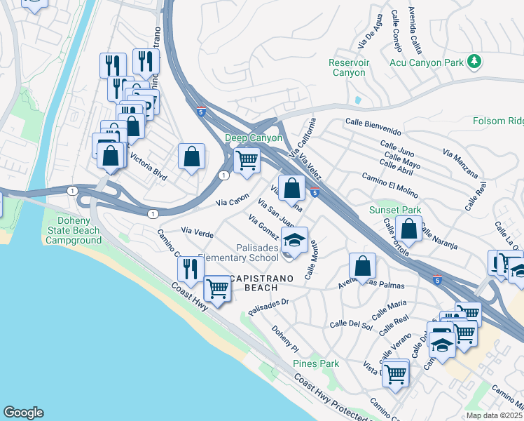 map of restaurants, bars, coffee shops, grocery stores, and more near 26372 Via California in Dana Point