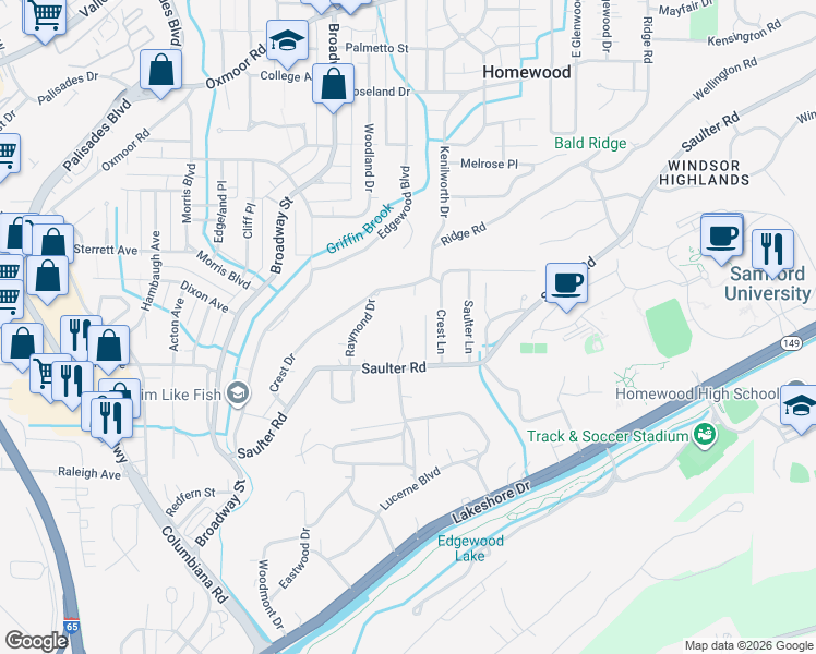 map of restaurants, bars, coffee shops, grocery stores, and more near 1364 Kendall Place in Birmingham