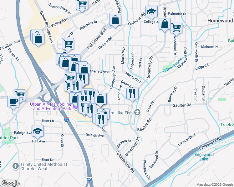 map of restaurants, bars, coffee shops, grocery stores, and more near 611 Hambaugh Terrace in Homewood