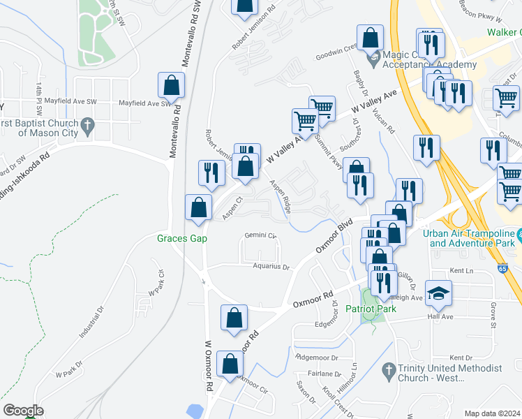 map of restaurants, bars, coffee shops, grocery stores, and more near 37 Aspen Cove in Homewood