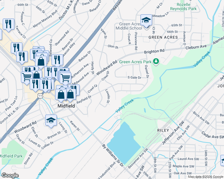 map of restaurants, bars, coffee shops, grocery stores, and more near 1309 Rayfield Drive in Birmingham