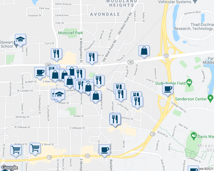 map of restaurants, bars, coffee shops, grocery stores, and more near 98 Hartness Street in Starkville