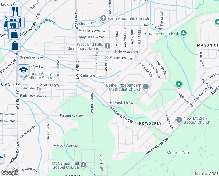 map of restaurants, bars, coffee shops, grocery stores, and more near 2210 20th Street Southwest in Birmingham