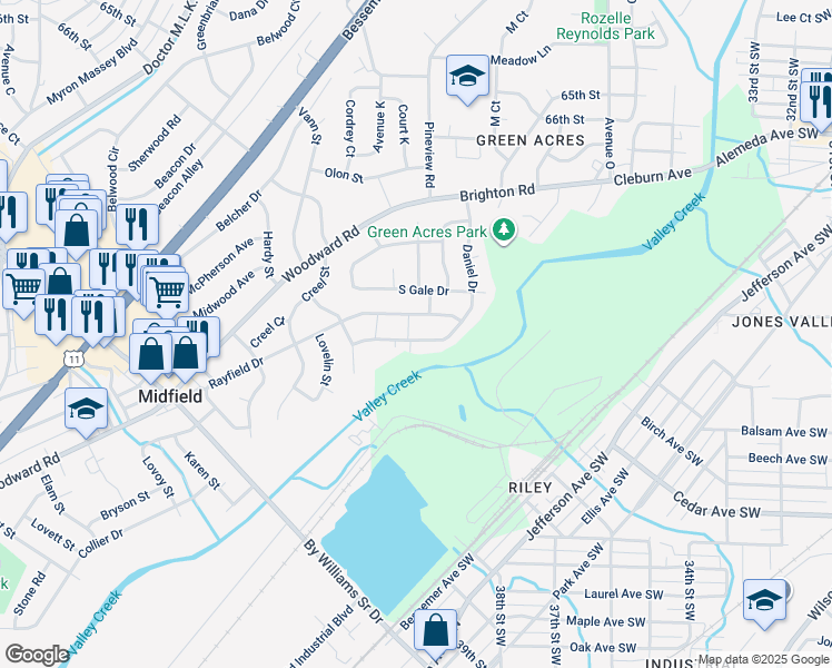 map of restaurants, bars, coffee shops, grocery stores, and more near 1200 Daniel Drive in Midfield