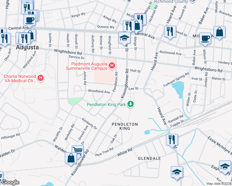 map of restaurants, bars, coffee shops, grocery stores, and more near 1501 Troupe Street in Augusta