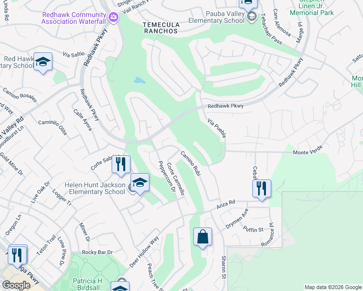 map of restaurants, bars, coffee shops, grocery stores, and more near 45660 Camino Rubi in Temecula
