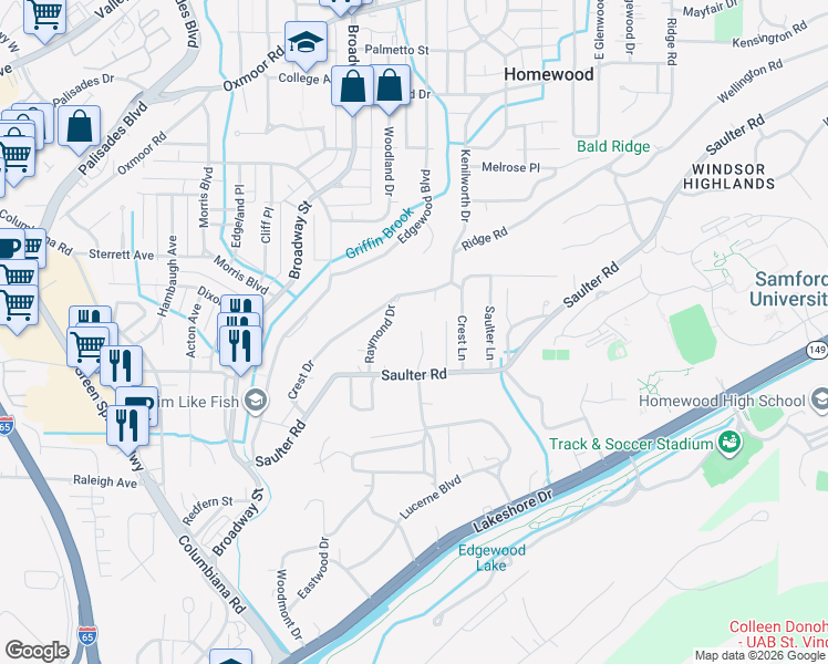 map of restaurants, bars, coffee shops, grocery stores, and more near 234 Raymond Drive in Birmingham