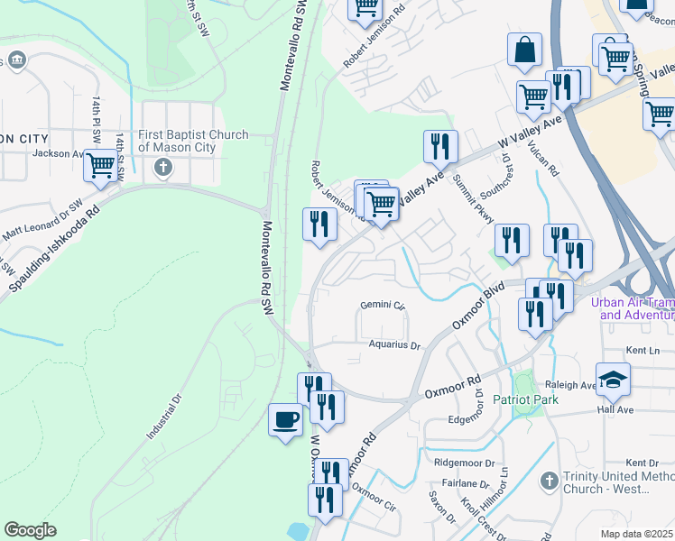 map of restaurants, bars, coffee shops, grocery stores, and more near 161 West Valley Avenue in Birmingham