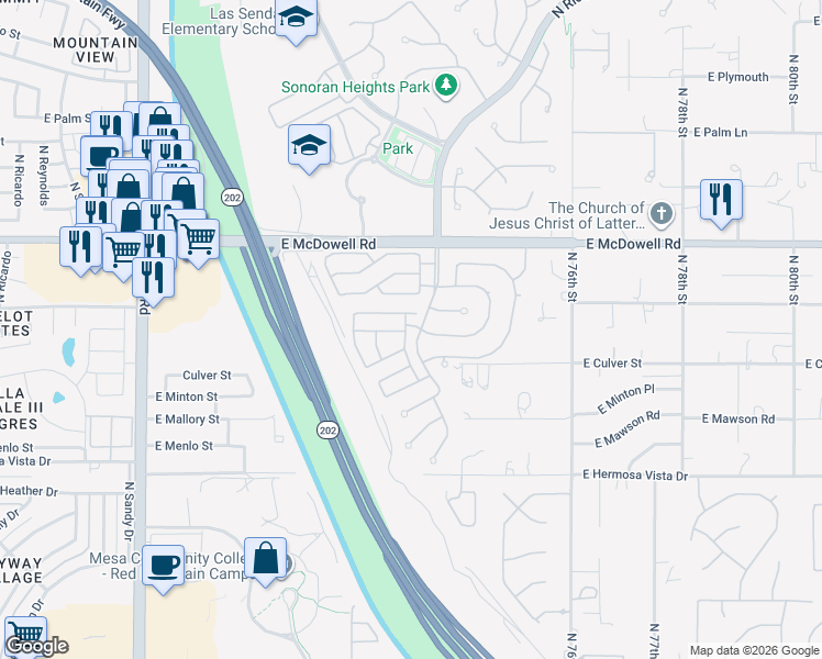 map of restaurants, bars, coffee shops, grocery stores, and more near 7305 East Norwood Street in Mesa