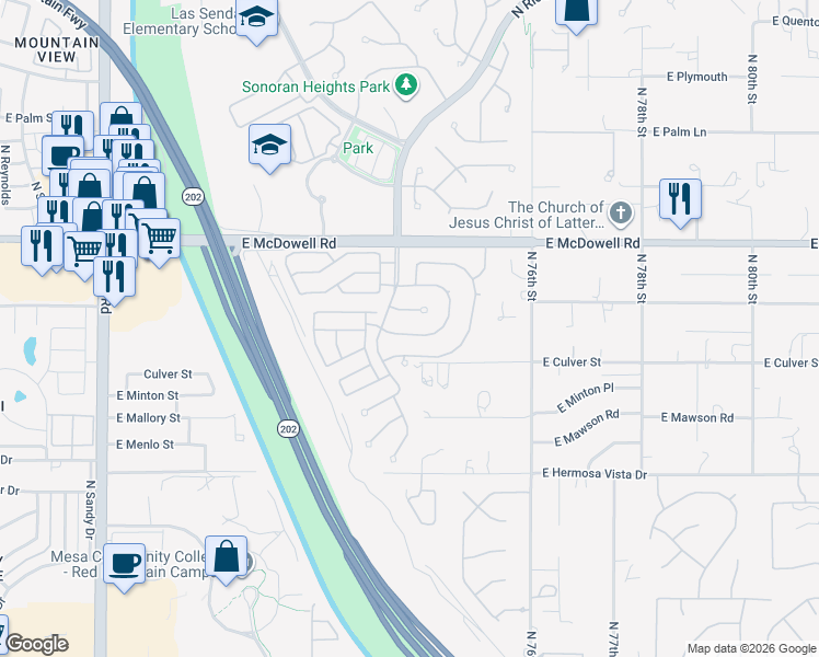 map of restaurants, bars, coffee shops, grocery stores, and more near 7360 East Norwood Street in Mesa