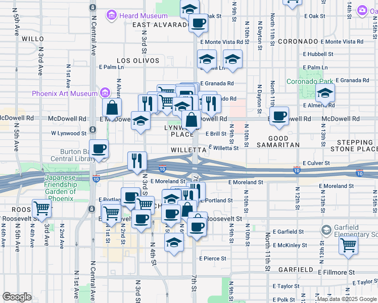 map of restaurants, bars, coffee shops, grocery stores, and more near 1331 North 7th Street in Phoenix