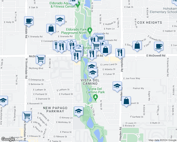 map of restaurants, bars, coffee shops, grocery stores, and more near 1394 North 77th Street in Scottsdale