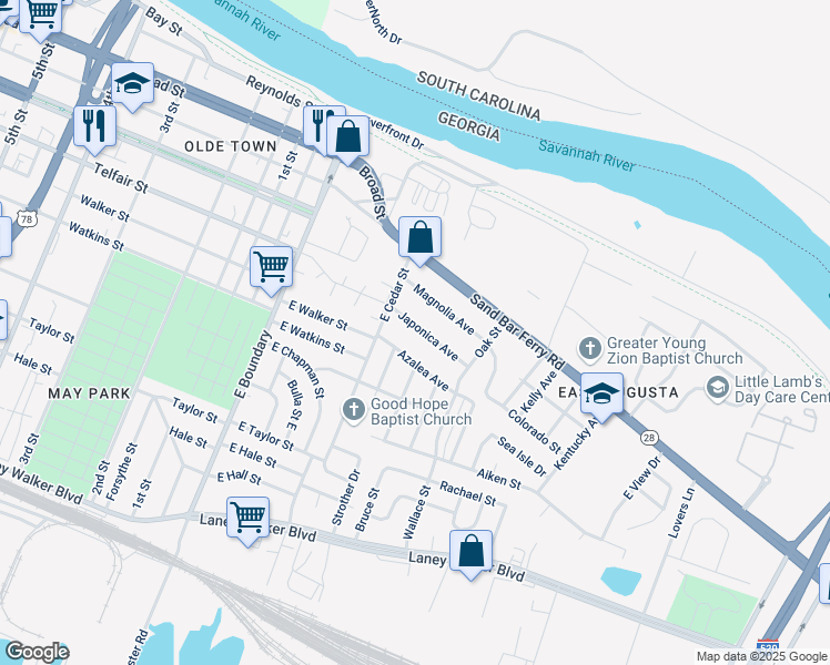 map of restaurants, bars, coffee shops, grocery stores, and more near 212 Japonica Avenue in Augusta