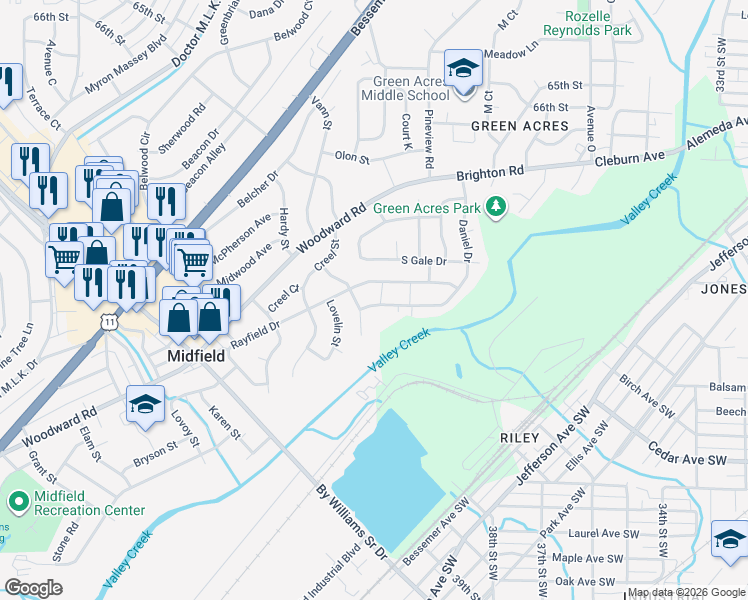 map of restaurants, bars, coffee shops, grocery stores, and more near 1228 Daniel Drive in Birmingham