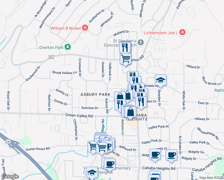 map of restaurants, bars, coffee shops, grocery stores, and more near 2110 Napoleon Court in Vestavia Hills