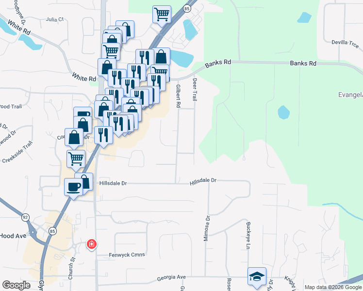 map of restaurants, bars, coffee shops, grocery stores, and more near 185 Gilbert Road in Fayetteville