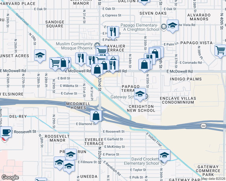 map of restaurants, bars, coffee shops, grocery stores, and more near 3250 E Priscilla Ct in Phoenix