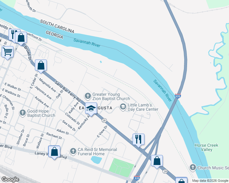 map of restaurants, bars, coffee shops, grocery stores, and more near 105 Courtland Drive in Augusta