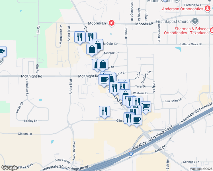 map of restaurants, bars, coffee shops, grocery stores, and more near 3113 Richmond Rd in Texarkana