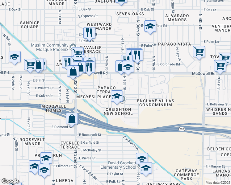 map of restaurants, bars, coffee shops, grocery stores, and more near 1231 North 34th Street in Phoenix