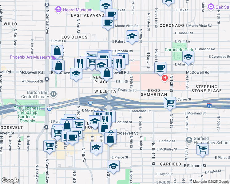map of restaurants, bars, coffee shops, grocery stores, and more near 1331 North 7th Street in Phoenix